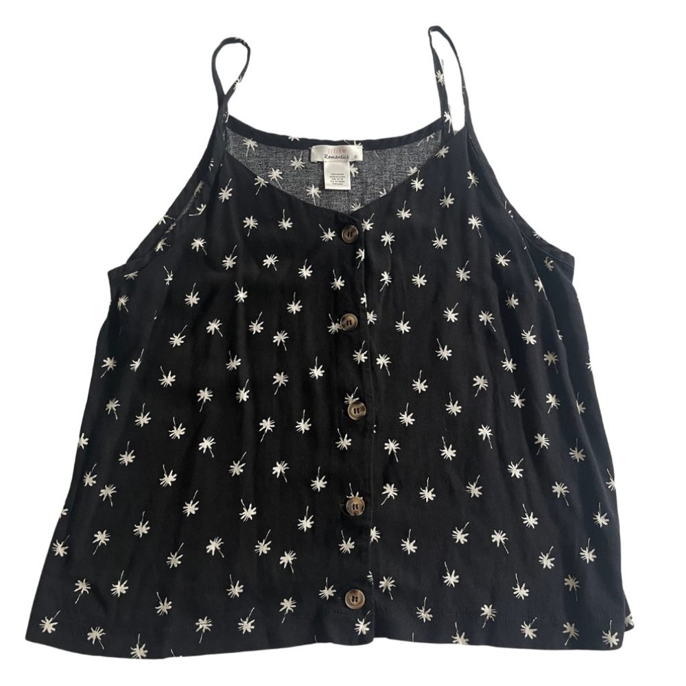 Boho Black Spaghetti Tank with Buttons and Palm Trees